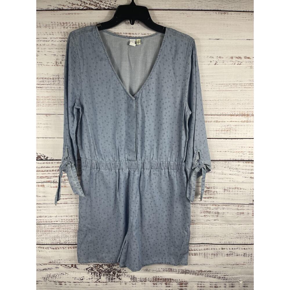 Susina Romper Women's SZ S Blue Long Sleeve Tie Waist Shorts V Neck Casual